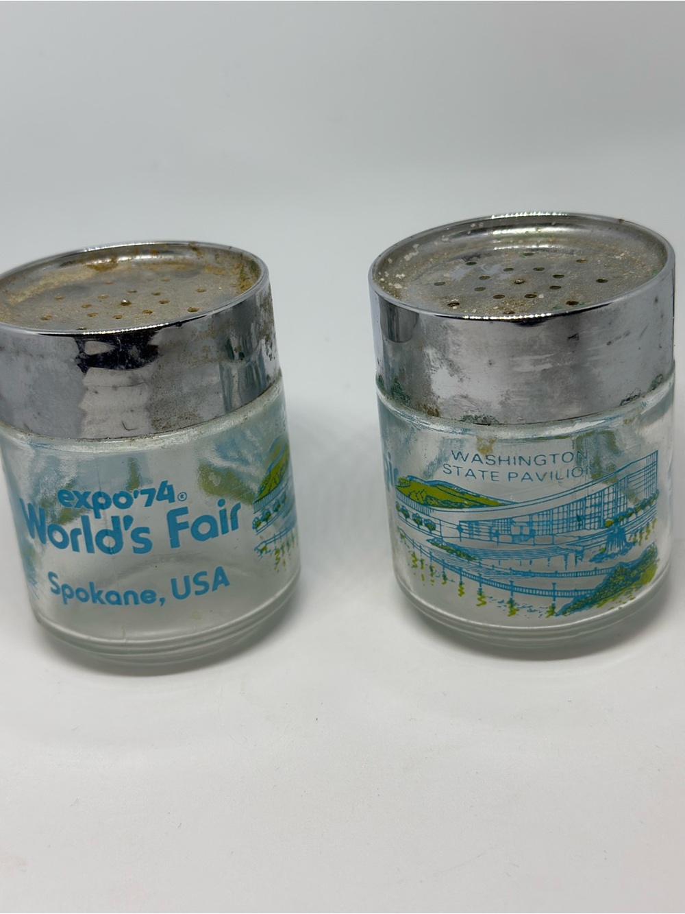 Expo '74 World's Fair Spokane Salt and Pepper Shakers - Blue/Green